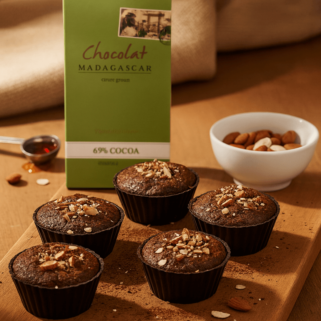 “Drevená doska s piatimi čokoládovými muffinmi posypanými nasekanými mandľami, obklopená roztrúsenými mandľami, miskou celých mandlí, lyžičkou so sirupom a zelenou Madagascar čokoládovou vegánskou tyčinkou v pozadí